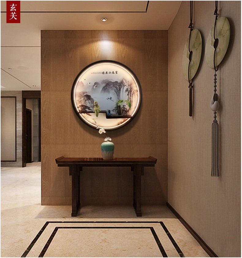 新中式圆形装饰画客厅玄关入户壁画挂画茶室禅意山水挂画电表箱餐厅
