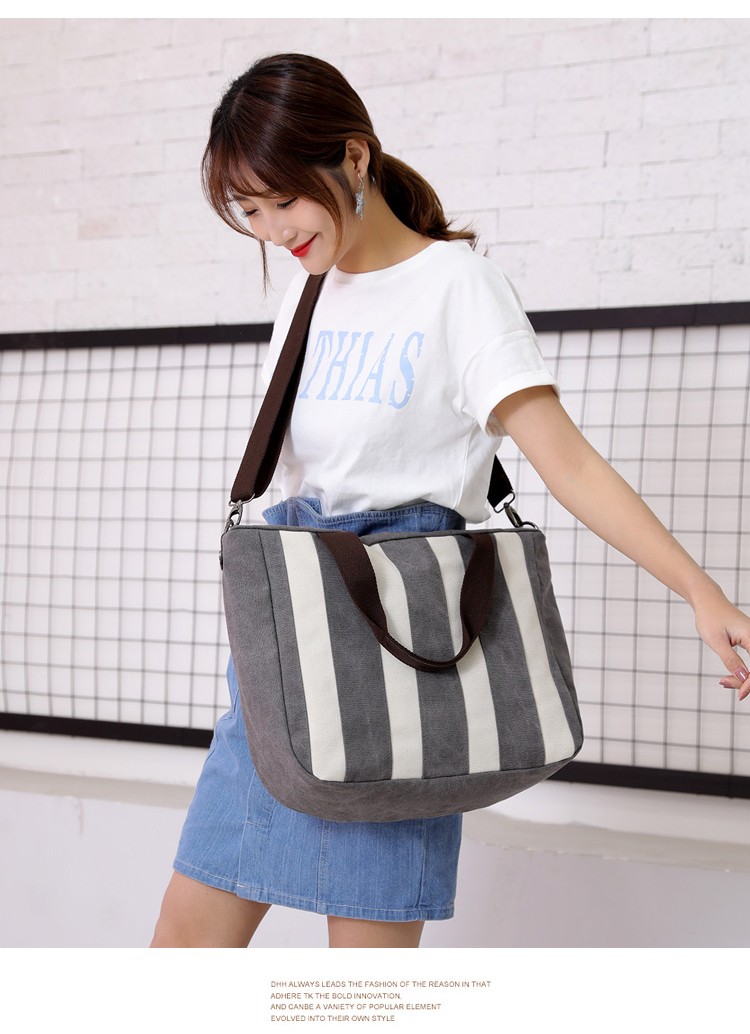 仓梵帆布包女单肩斜挎布兜手提布袋条纹撞色大容量简约休闲女士包包