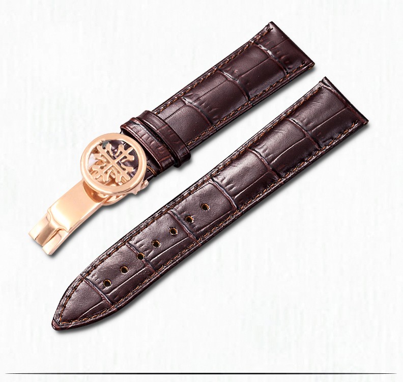 代用百达翡丽表带男士真皮折叠扣针扣手表带pp牛皮灯笼扣配件 黑色