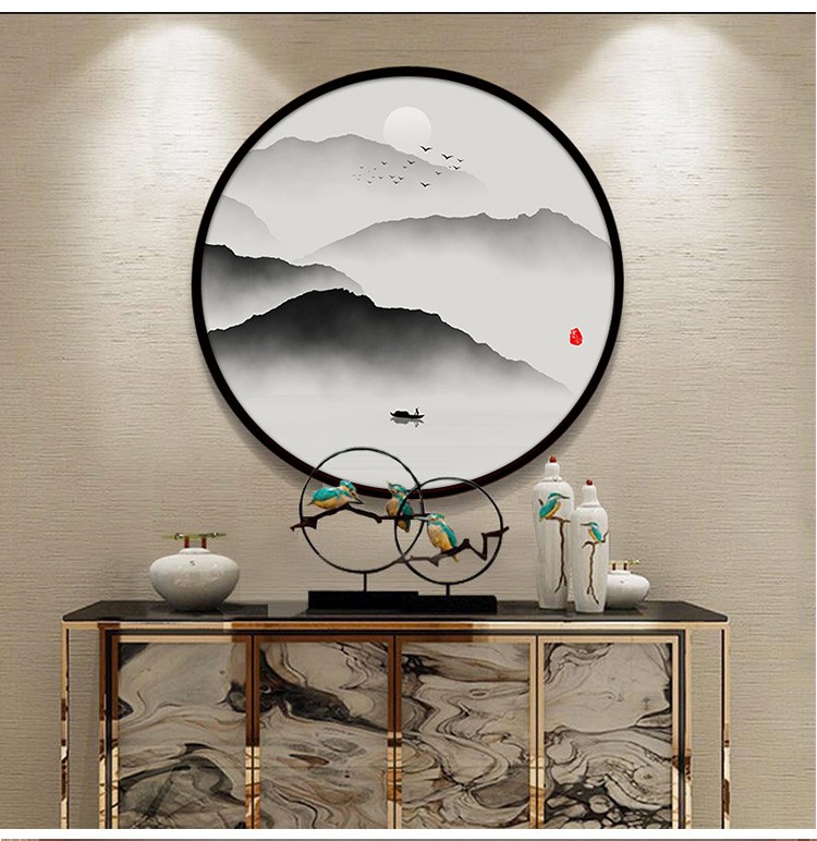梓朗玄关装饰画新中式挂画圆形山水画水墨风水国画禅意中国风客厅壁画