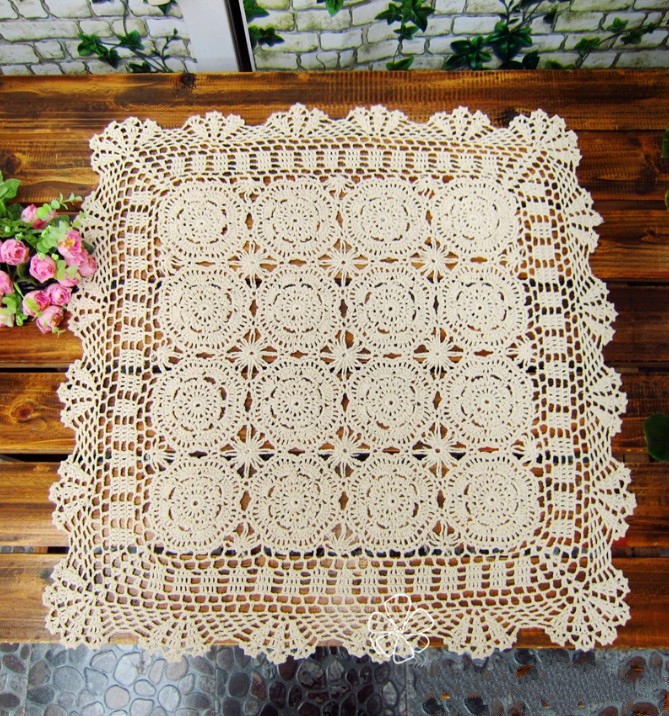 顾致 手工纯棉钩针花沙发巾 编织镂空桌布 欧式盖巾正方 约130cm正方