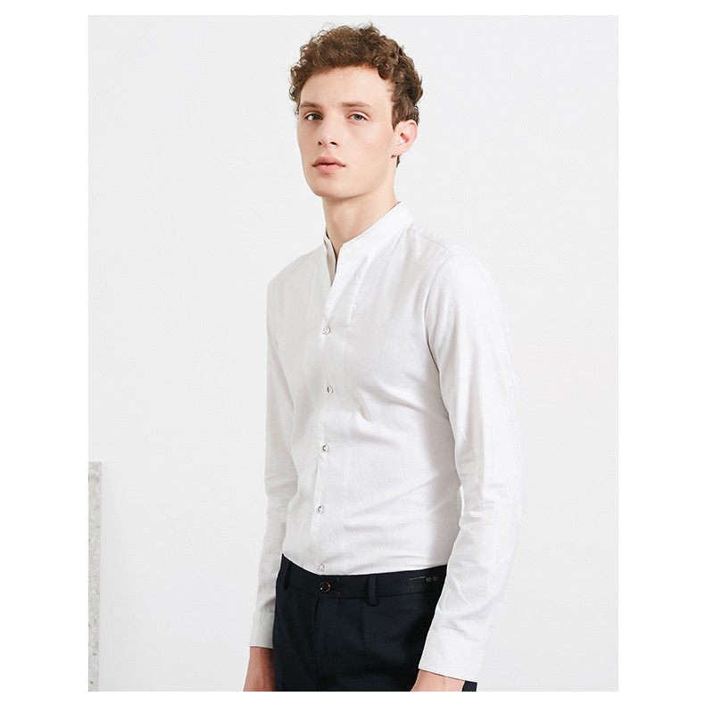 roberta诺贝达纯色长袖衬衫男春季新品休闲竖领男士打底衬衣棉漂白色