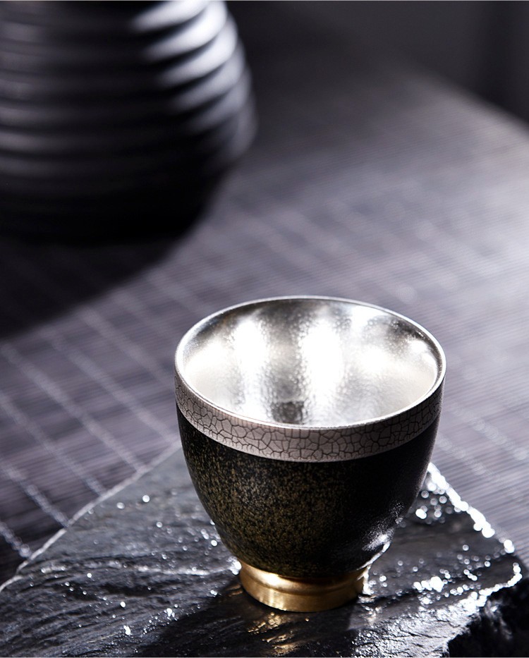 夏茗堂鎏银建盏单杯999纯银杯鎏银茶杯主人杯功夫银