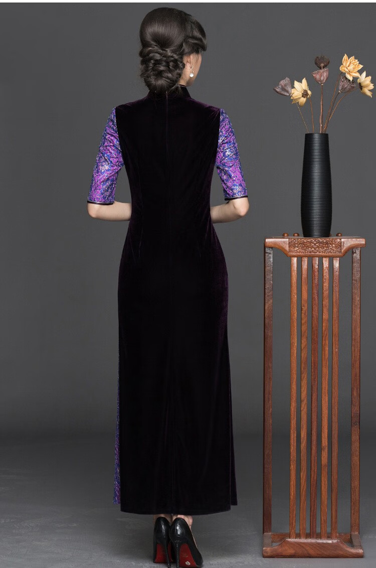 fgacct金丝绒旗袍裙长款复古改良时尚蕾丝旗袍连衣裙走秀妈妈唐装旗袍