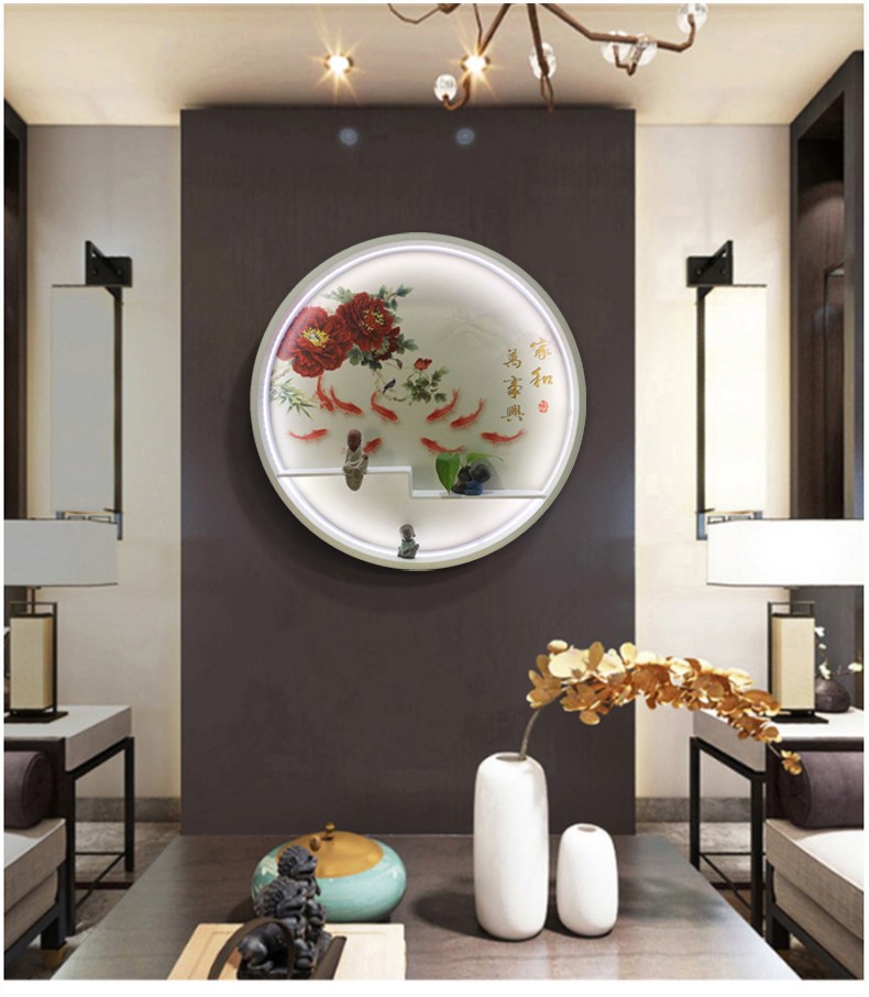 新中式圆形装饰画客厅玄关挂画壁画电表箱壁灯茶室走廊山水画禅意水墨