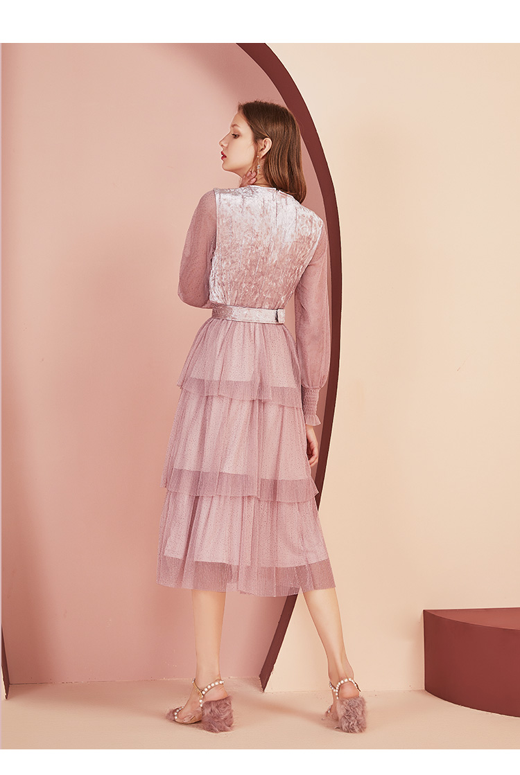 香影蛋糕裙连衣裙女2019秋冬装新款超仙收腰中长显瘦拼接网纱裙子