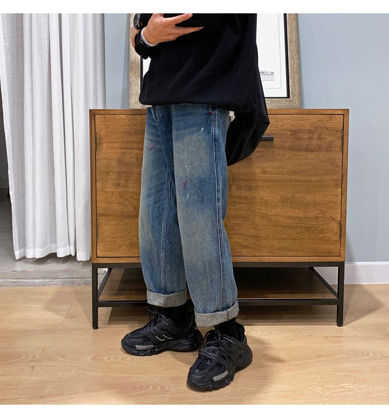 世侨牛仔裤男秋季新款复古水洗色牛子裤男生潮宽松休闲直筒裤黑色s