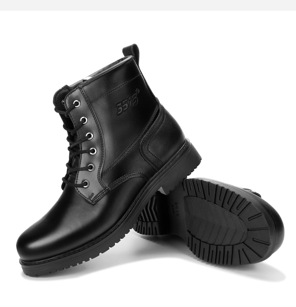 3515强人男靴系带款时尚保暖羊毛靴子橡胶底耐磨低帮男士军靴 黑色 43