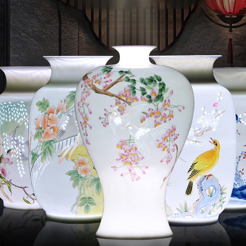 景德镇陶瓷手绘花瓶半刀泥瓷器瓶子插花中式家居客厅工艺饰品摆件 半