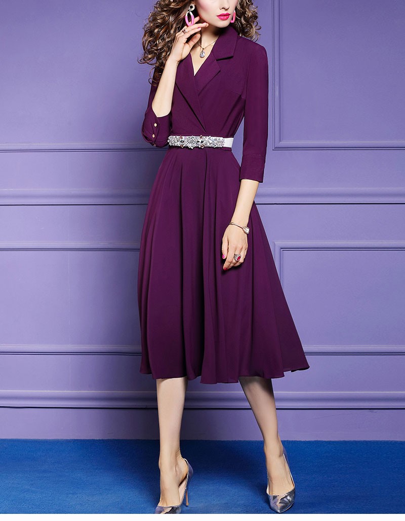 领纯色连衣裙女秋季2019新款气质简约显瘦中长款a字裙f25728 深紫色