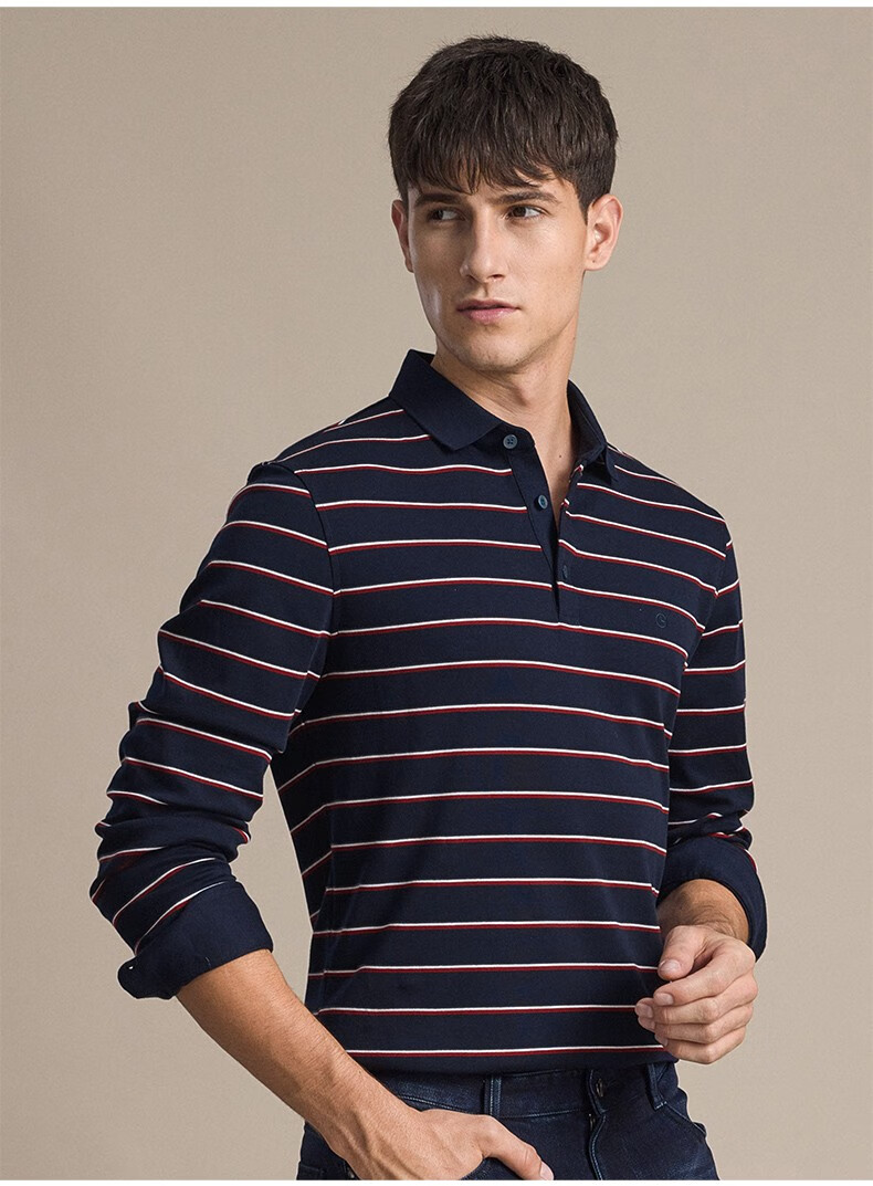 金利来男装纯棉条纹长袖t恤男士款秋冬商务休闲t恤 蓝条纹-35 xxl