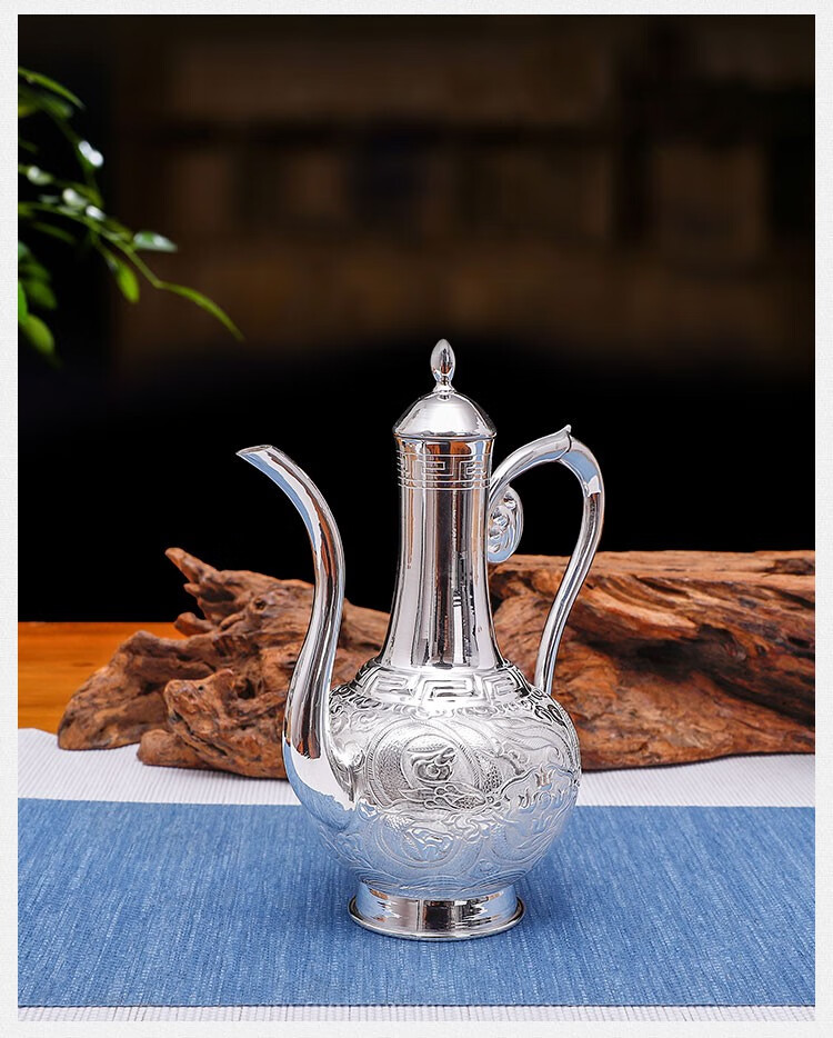 归银堂双龙戏珠自由组合酒具纯银999银酒壶银酒杯纯手工雕刻银白酒壶