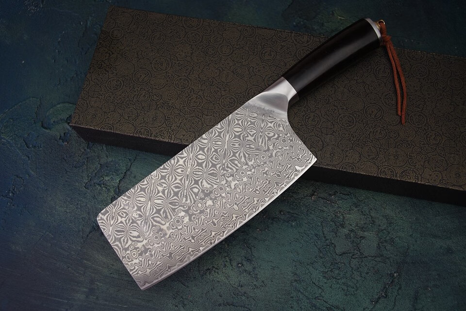 锋之作 锻造大马士革钢中式菜刀 黑檀柄手工厨师刀料理刀切片刀 家用