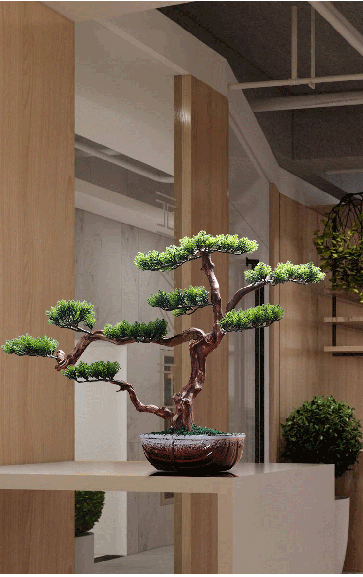 朴记 禅意迎客松盆景植物摆件玄关客厅新中式家居样板房电视展示柜