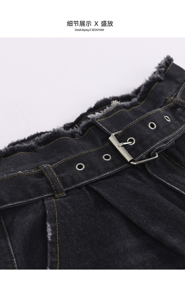 盛放seenfaan 【清仓特惠】时尚本布腰带直筒裤高腰破洞显瘦牛仔裤女