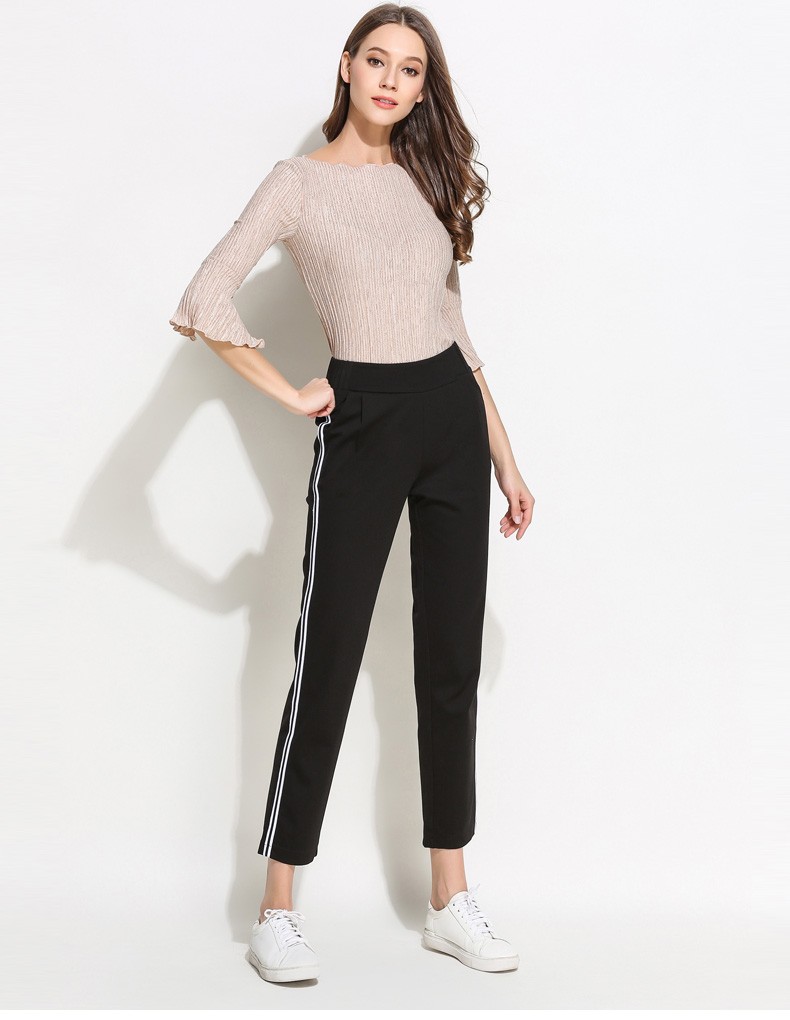 凯蒂芬运动弹力休闲裤女春秋2019新款黑色百搭宽松高腰直筒长裤子