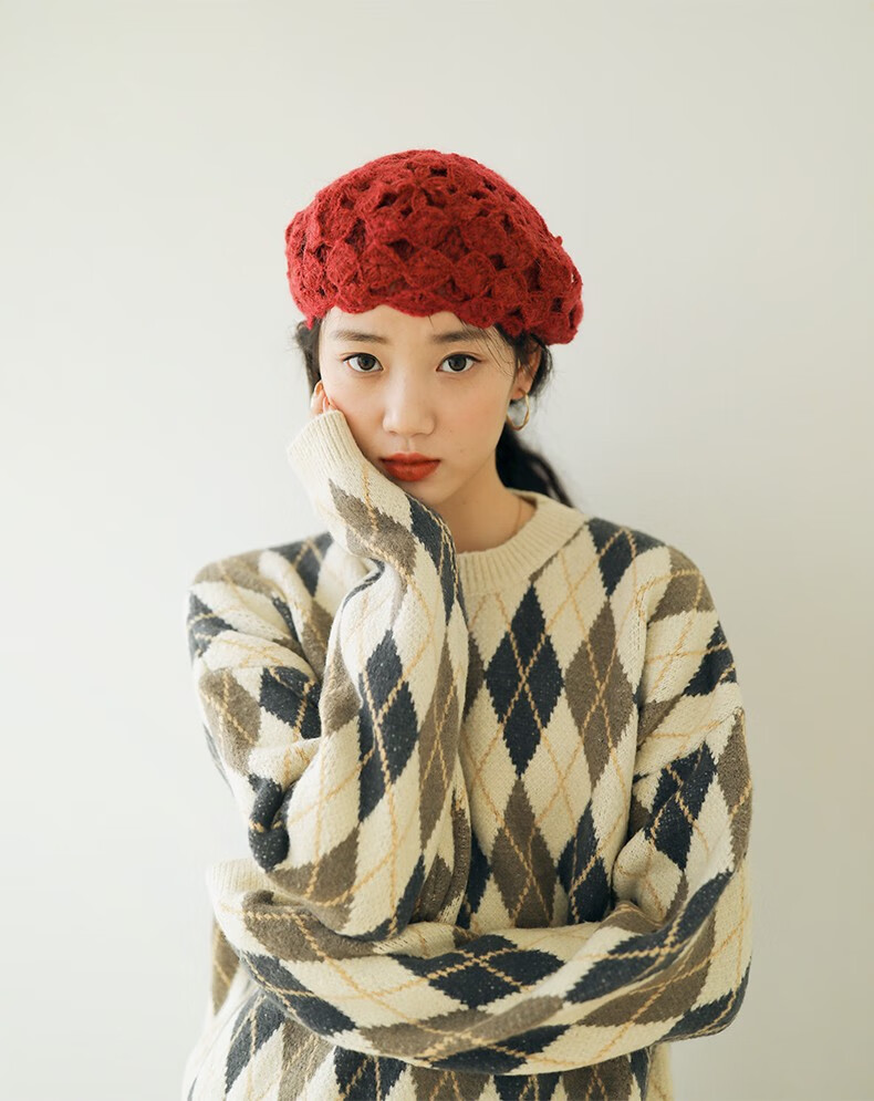 秋冬季保暖柔软韩版优雅气质复古瓜皮帽子毛线针织帽甜美蓓蕾帽子杏色