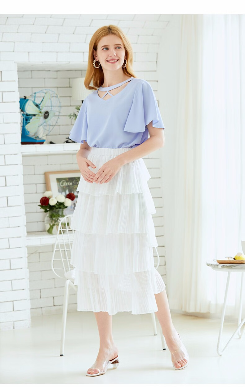 朵以2019夏装新款百褶高腰a字中长款半身裙女34qx679002 白色 s