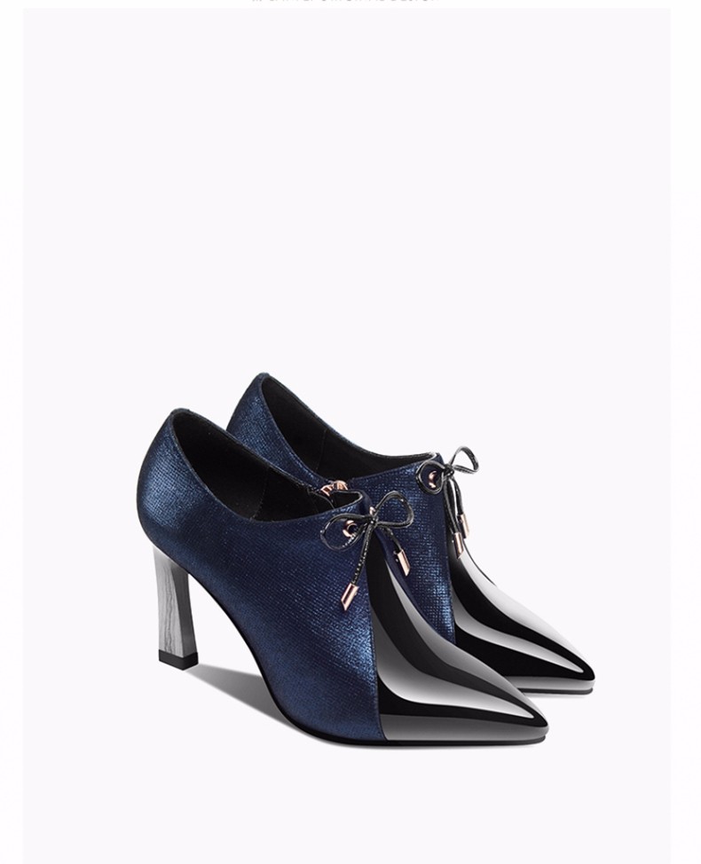 法玛莎品牌女鞋深口单鞋女秋季2019新品尖头细跟高跟鞋蝴蝶结真皮百搭