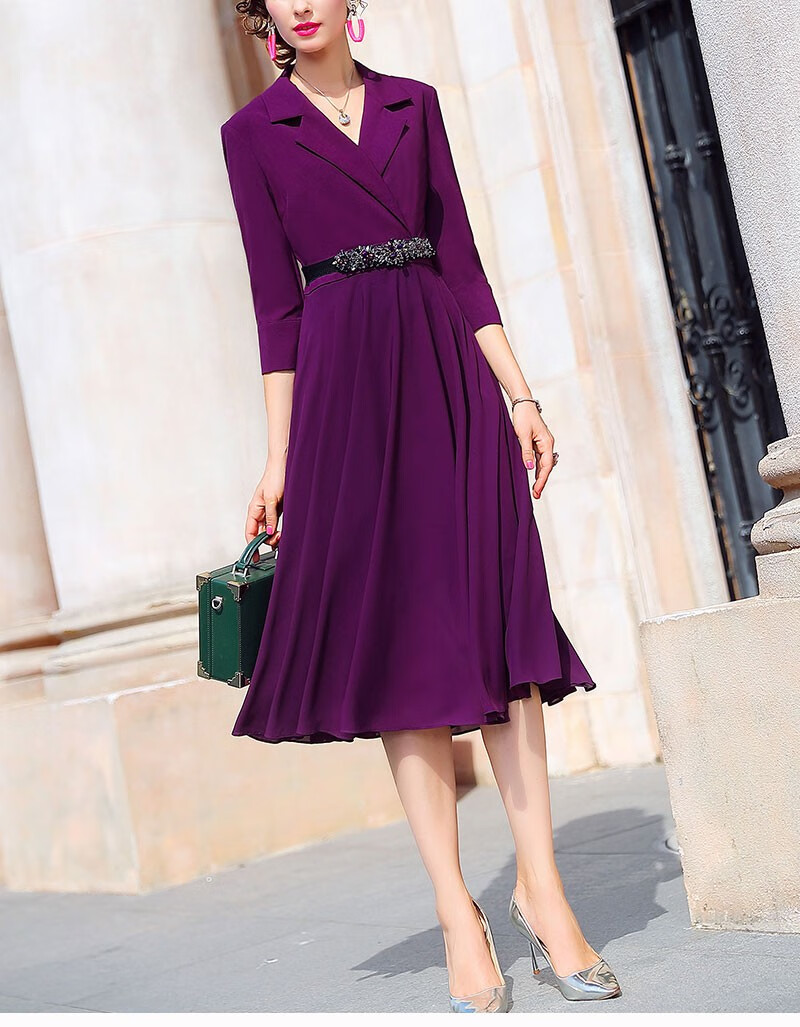 领纯色连衣裙女秋季2019新款气质简约显瘦中长款a字裙f25728 深紫色
