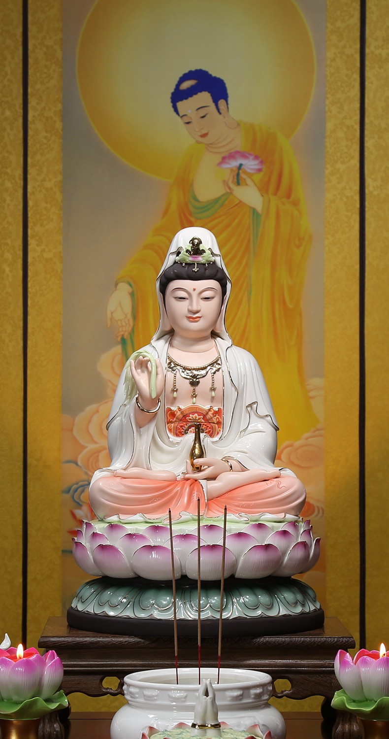 微美陶瓷12至16吋坐全莲笑脸观音佛像供奉家用观世音菩萨摆件彩绘彩绘