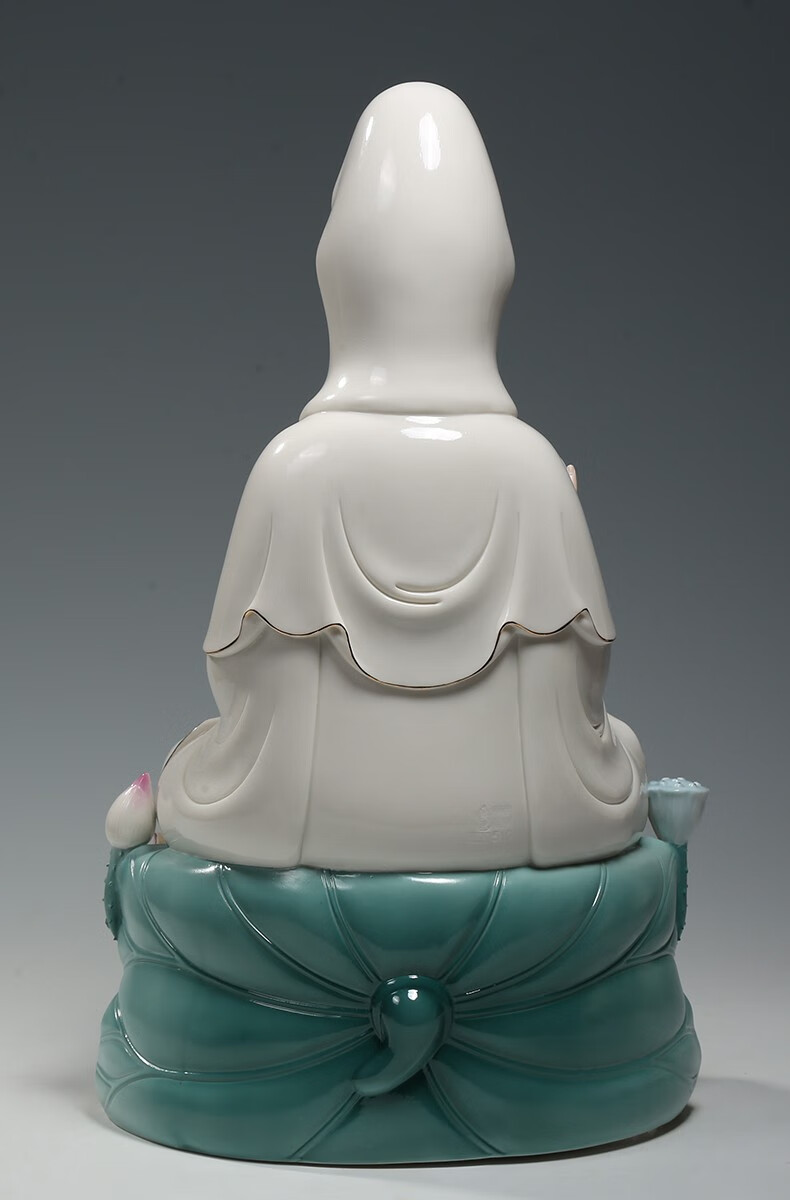 微美陶瓷12至18吋三莲观音笑脸观音佛像供奉家用观世音菩萨摆件彩绘蓝