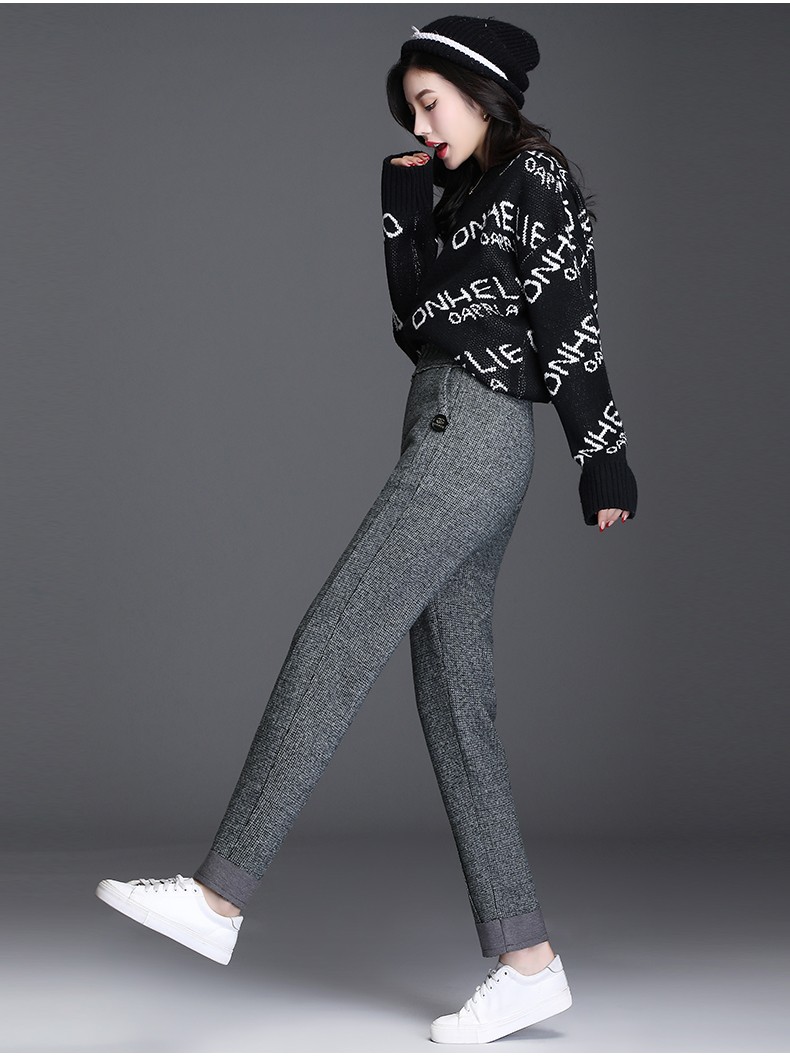 毛呢女裤子秋冬萝卜裤2019新款高腰显瘦长裤年轻宽松小脚哈伦裤 灰色