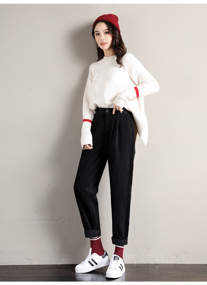 灯芯绒裤子女加厚2019秋冬新款老爹萝卜裤宽松显瘦条绒奶奶裤 杏色 26