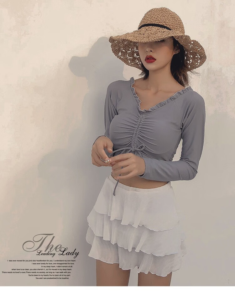 泳衣女钢托小胸聚拢遮肚显瘦平角保守分体裙式游泳衣温泉泳装 灰色