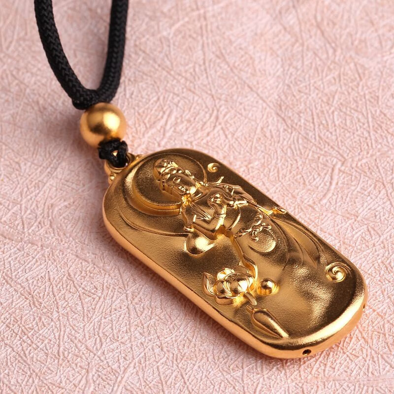 喜伴珠宝999足金吊坠佛牌女款古法金观音黄金吊坠方牌男款项链挂坠约