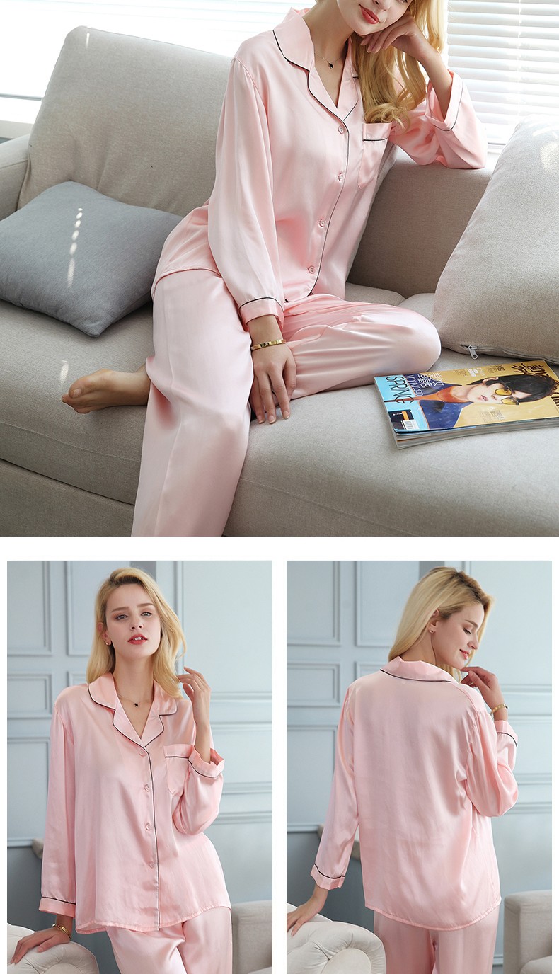 真丝睡衣男女长袖两件套100真丝情侣家居服丝绸套装豆沙色l