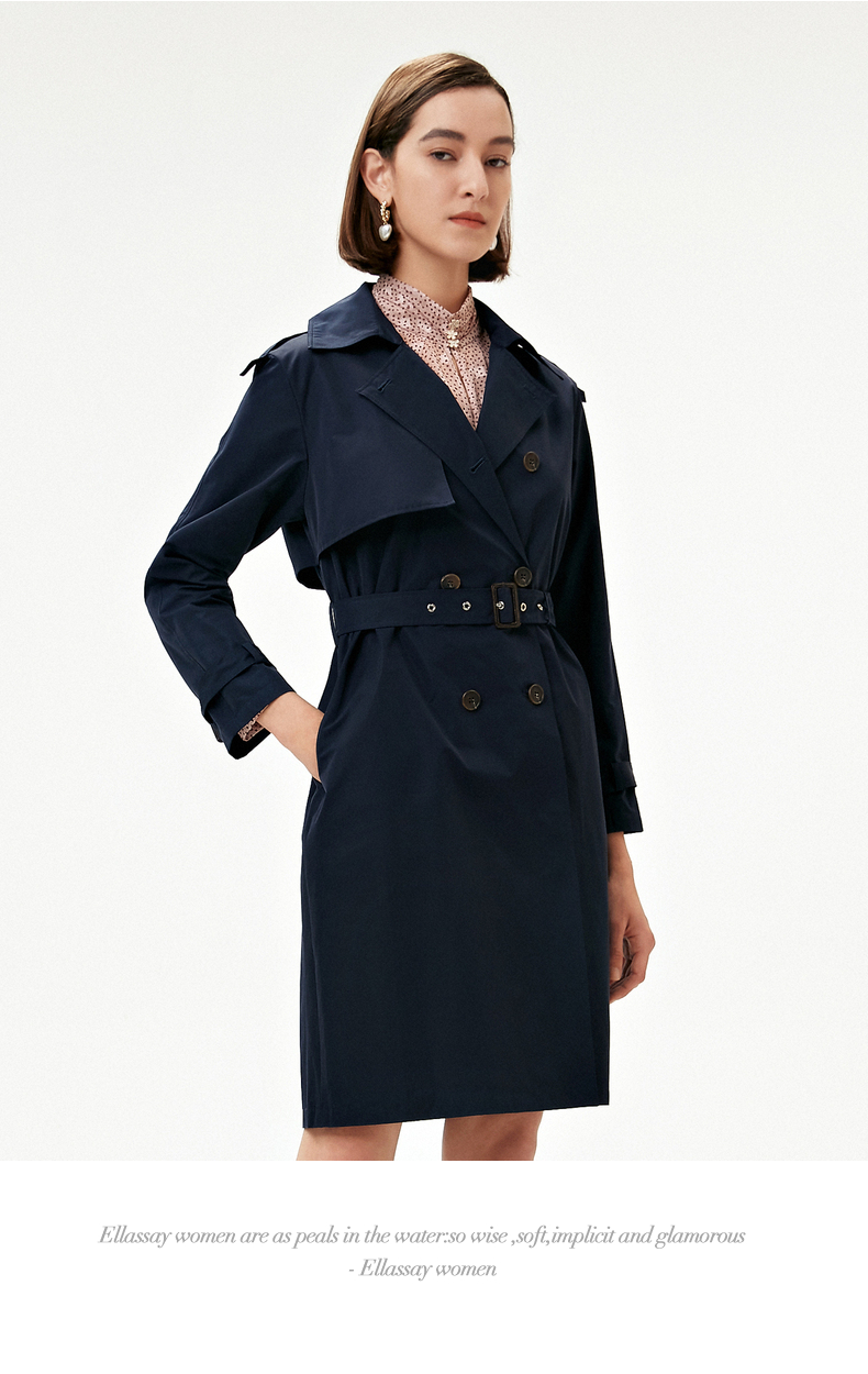 ellassay歌力思2021秋冬新款修身腰部系带通勤廓形风衣外套女浅卡其xs