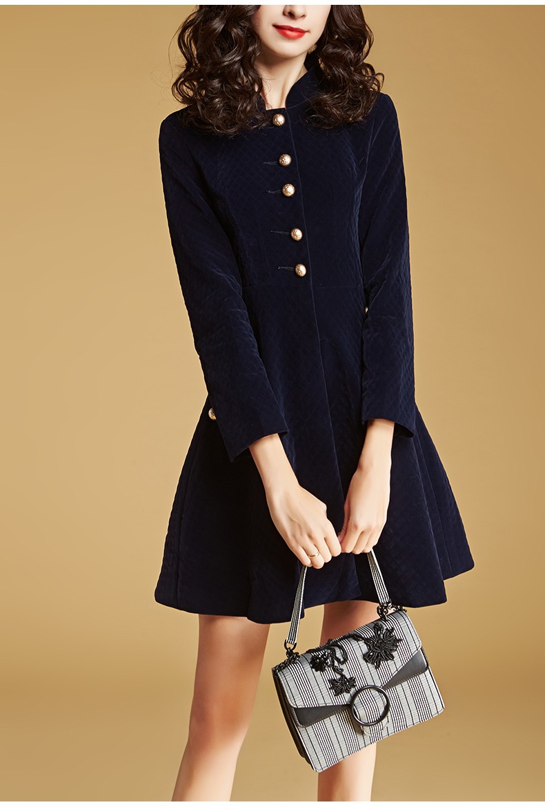 szhg女装时尚立领单排扣修身显瘦裙摆型丝绒风衣2019秋装新款外套