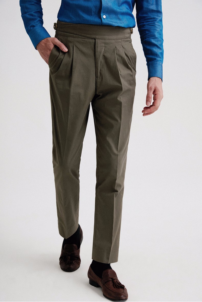 full monty春夏廓尔格西裤男士双褶交叉调节袢休闲裤子 驼色7127 32