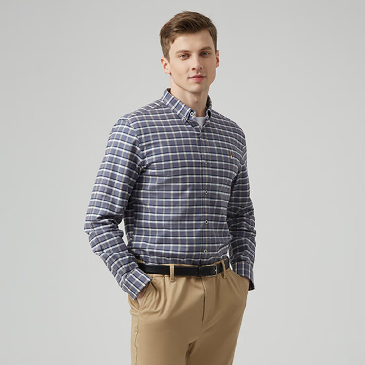 暇步士hush puppies 22秋冬休闲舒适小方格长袖衬衣男式衬衫 075深蓝1