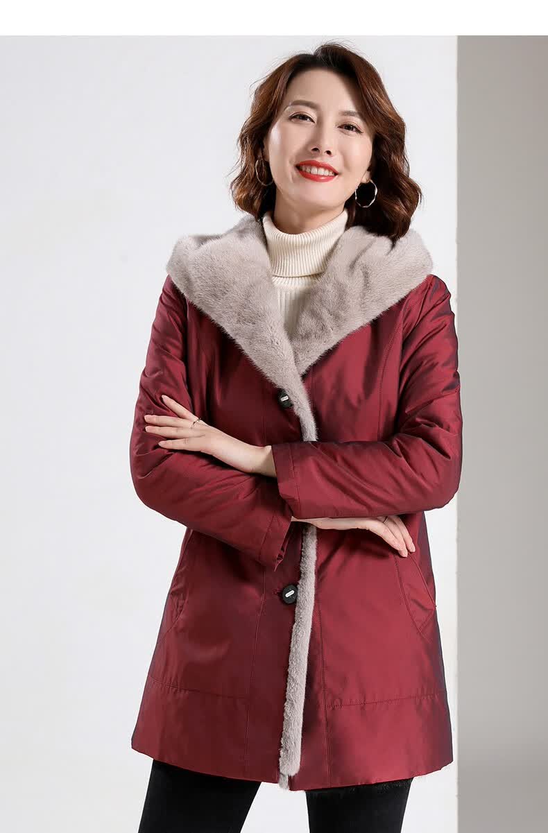 品牌尼克服女派克服水貂内胆皮毛一体女整貂貂皮大衣连帽皮草外套 酒
