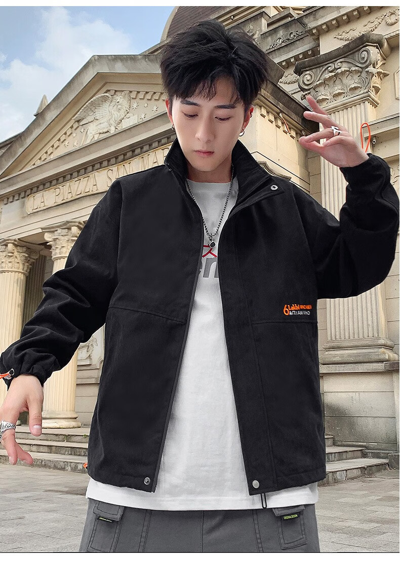 惜马夹克外套男潮牌春秋韩版宽松潮流休闲立领薄款男装 黑色 3xl