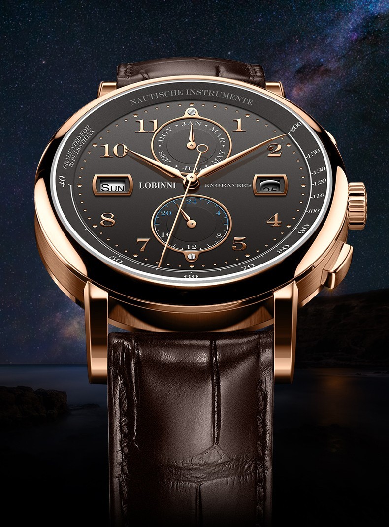 罗宾尼lobinni手表男机械表多功能全自动商务时尚学生防水男士腕表玫