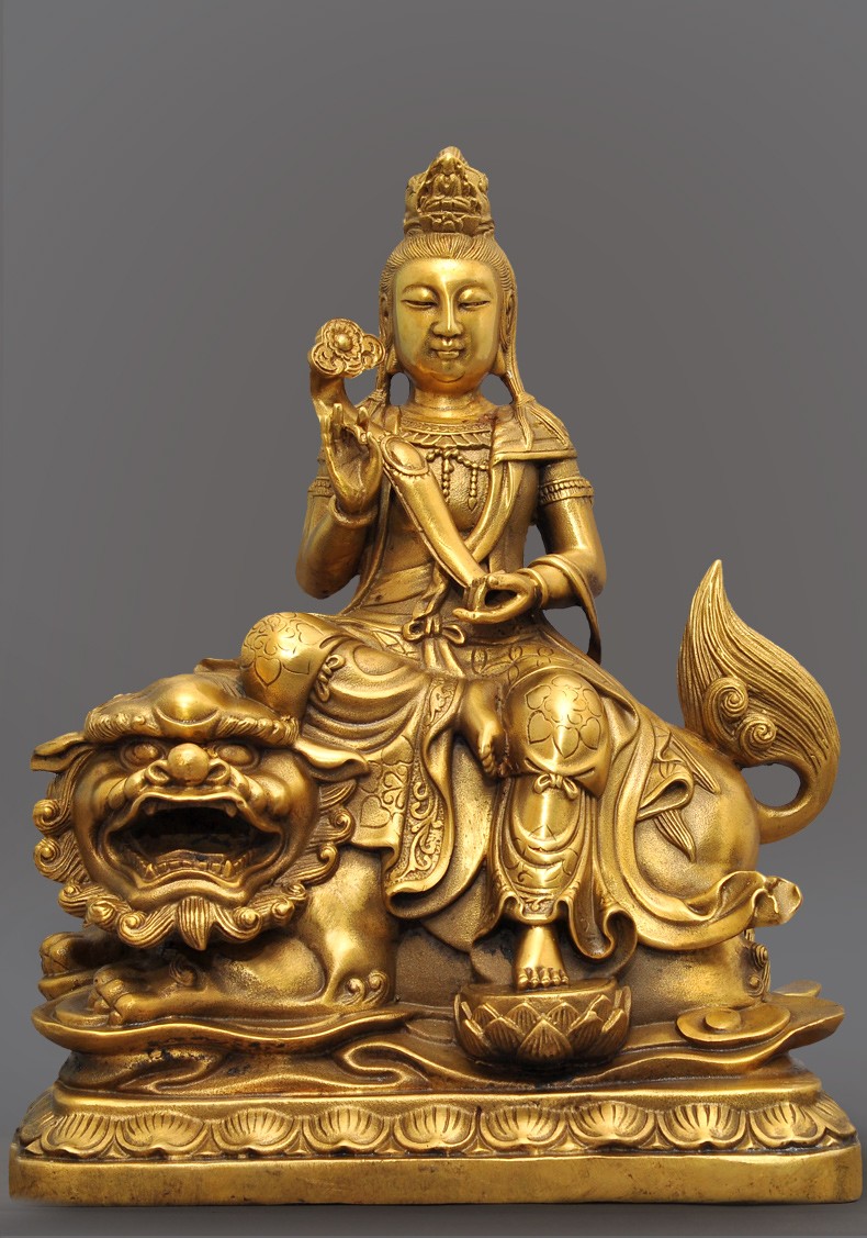黄铜文殊菩萨普贤菩萨摆件华严三圣居家佛堂寺庙供奉佛像工艺品6寸