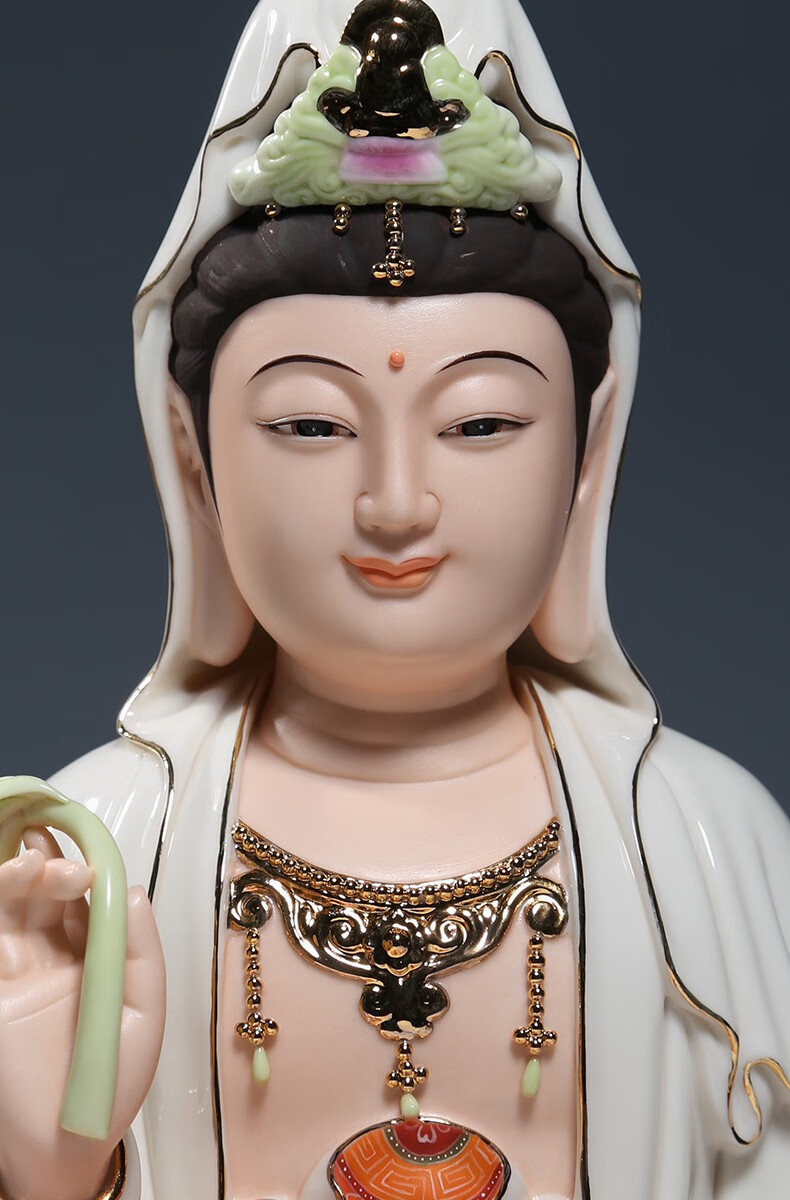 微美陶瓷12至16吋坐全莲笑脸观音佛像供奉家用观世音菩萨摆件彩绘彩绘