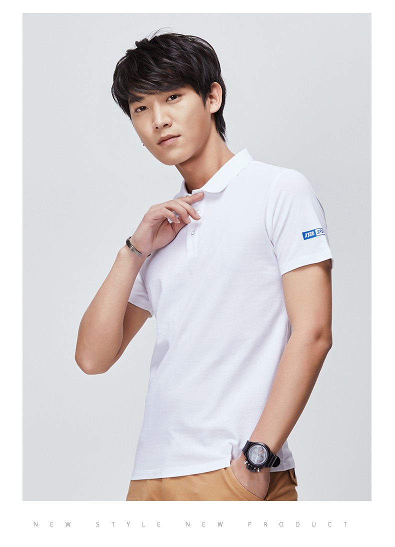 特步polo衫男短袖上衣2019夏季纯色简约百搭运动健身休闲翻领t恤 浅花