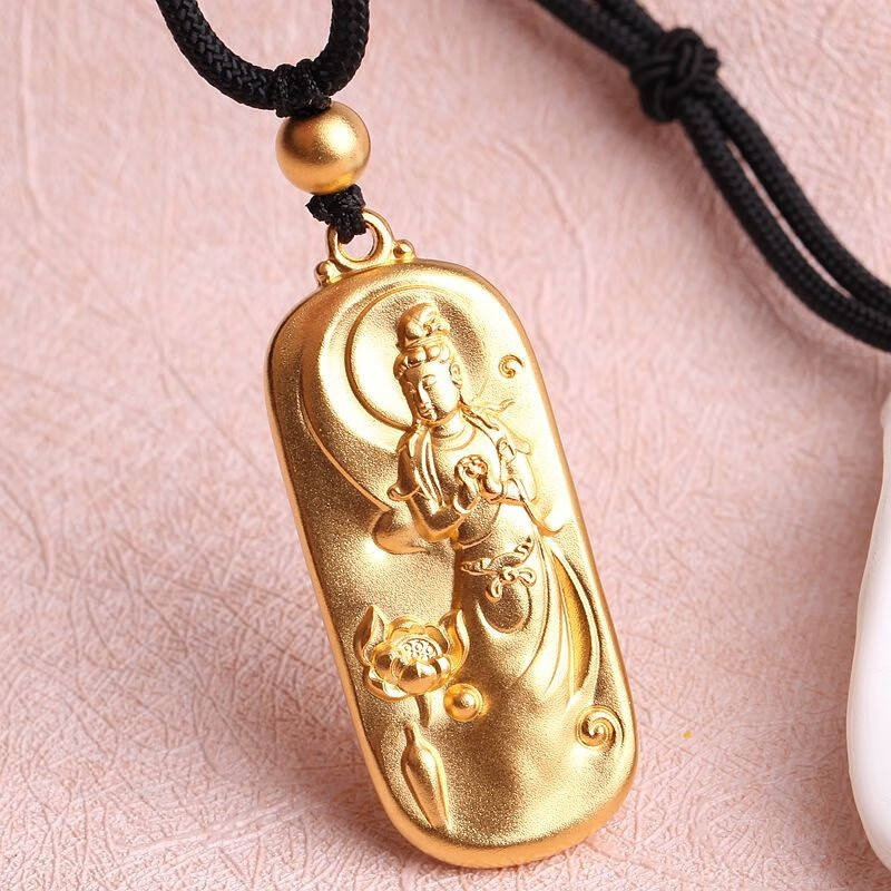喜伴珠宝999足金吊坠佛牌女款古法金观音黄金吊坠方牌男款项链挂坠约