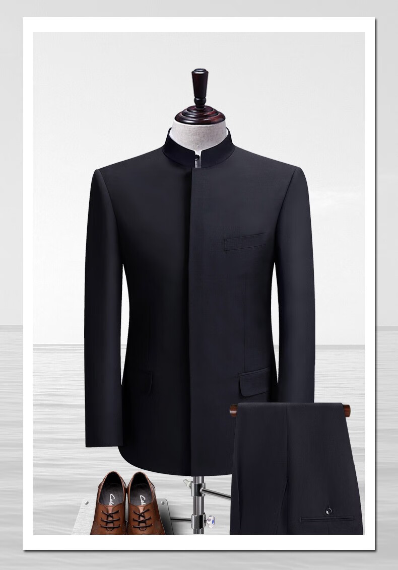 啄木鸟立领羊毛中山装男士套装中国风修身爸爸装国服暗门襟中华立领