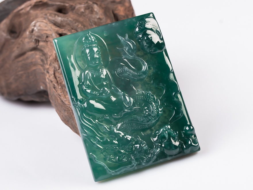 [降价拍卖]天然翡翠冰糯种蓝水御龙观音挂坠45.67g 嘉欣禾翡翠