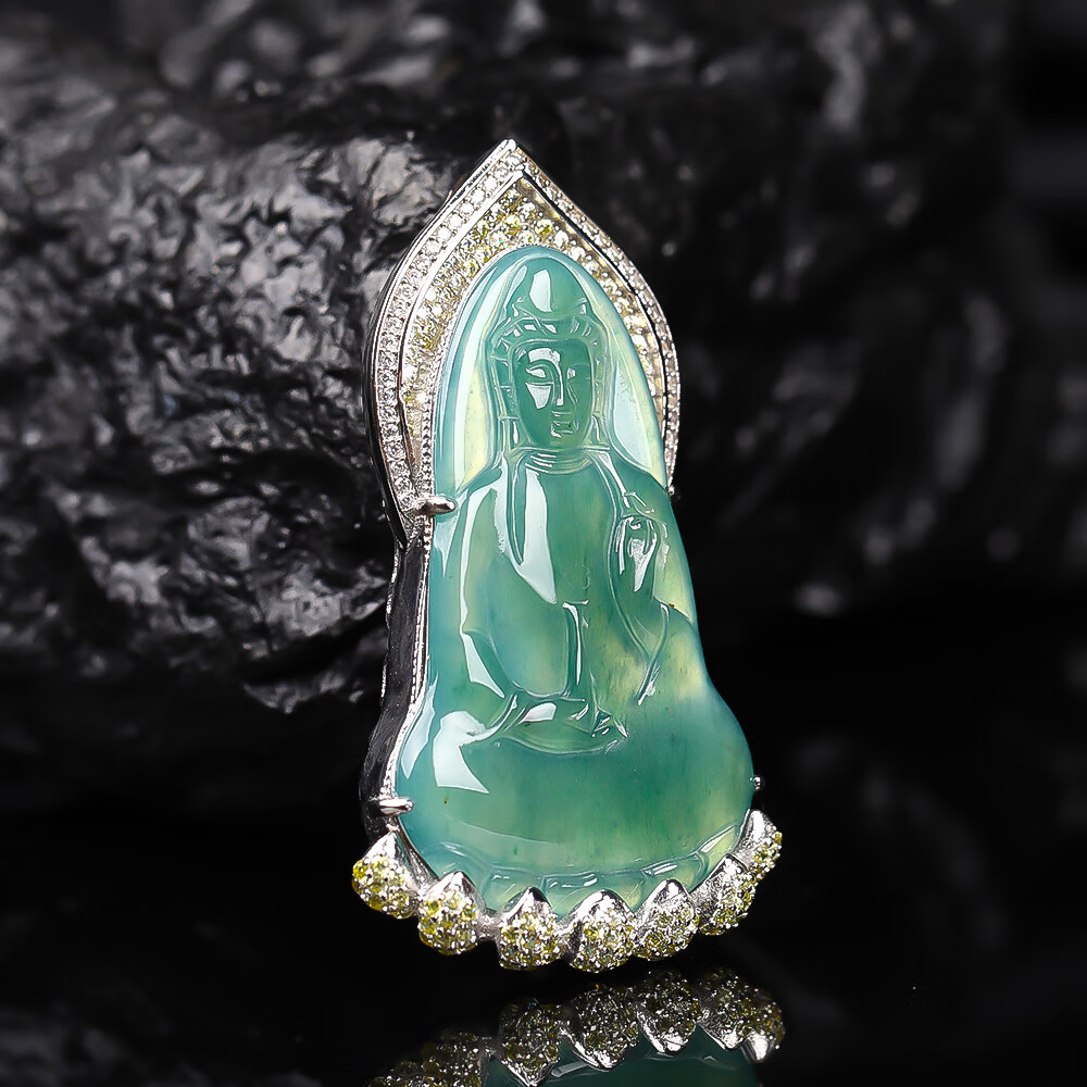 er22863 天然翡翠a货蓝水925银豪华镶嵌观音