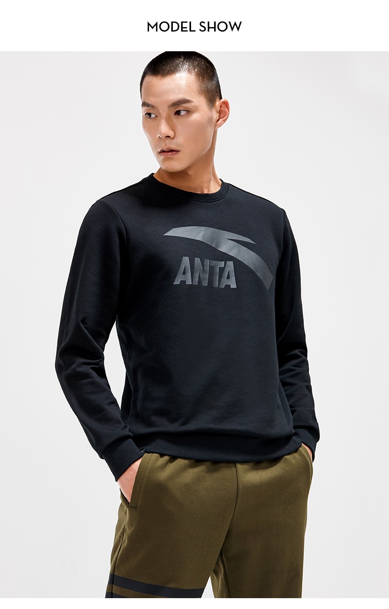 安踏卫衣男上衣套头衫2020春新款男士潮流圆领卫衣运动上衣男 基础黑