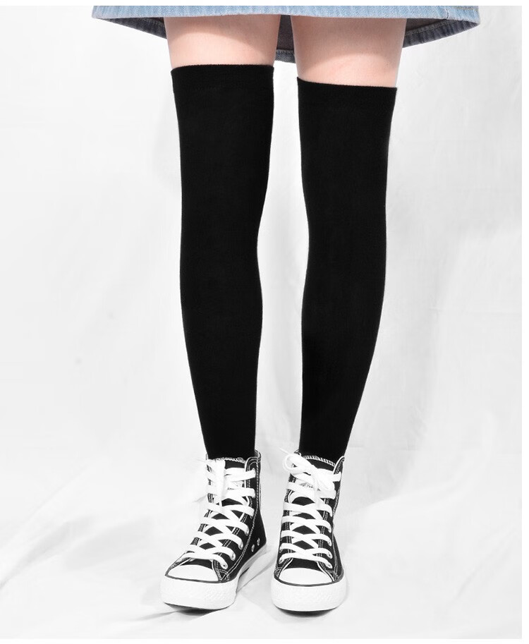 2双装女士过膝长筒袜子女学院风日系高筒半截美腿长靴袜过膝袜全黑2条