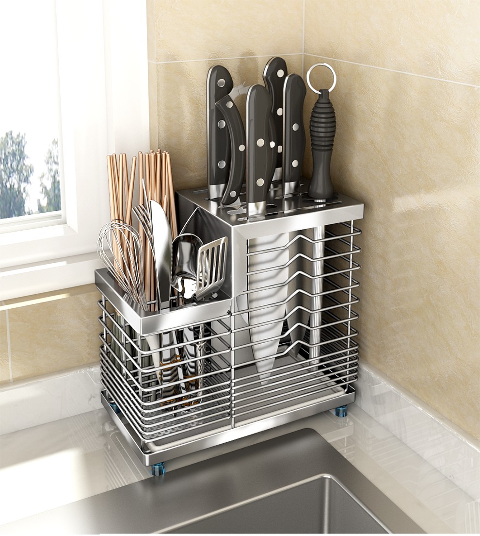 帅仕 厨房刀架置物架壁挂304不锈钢菜刀架筷子笼筒刀座 放刀具收纳