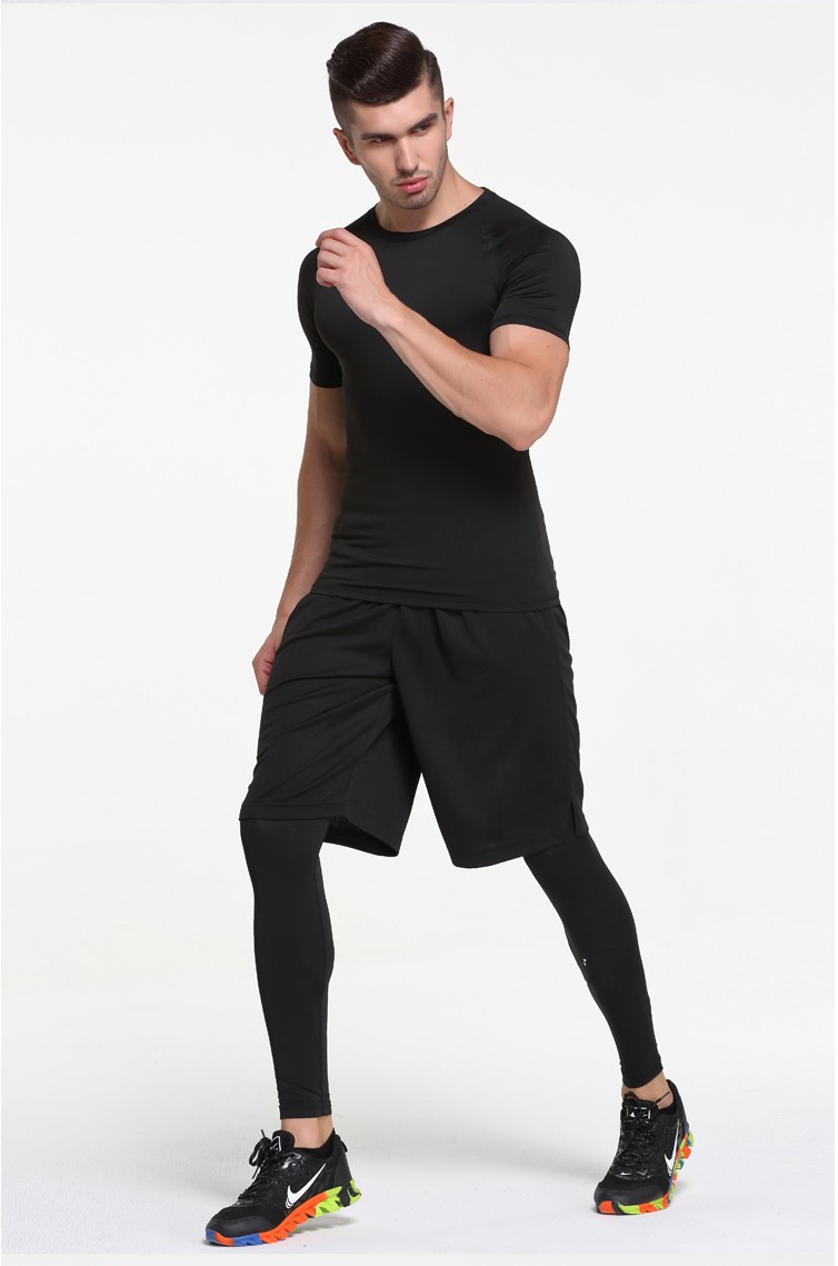 四季短袖健身服篮球训练服跑步长袖打底紧身衣黑色短袖三件套s100斤内