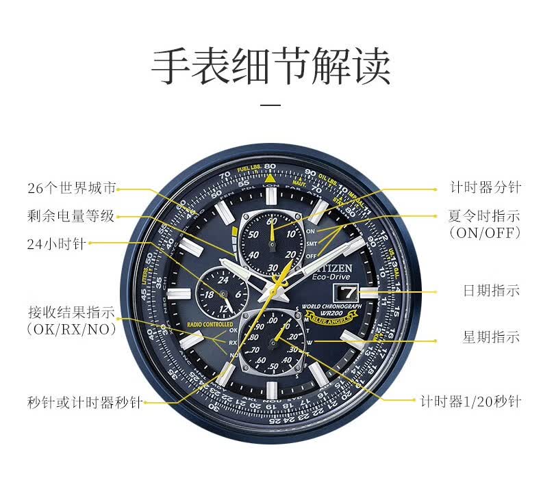 citizen西铁城男表光动能多局电波at8020空中之鹰蓝天使蓝宝石镜面